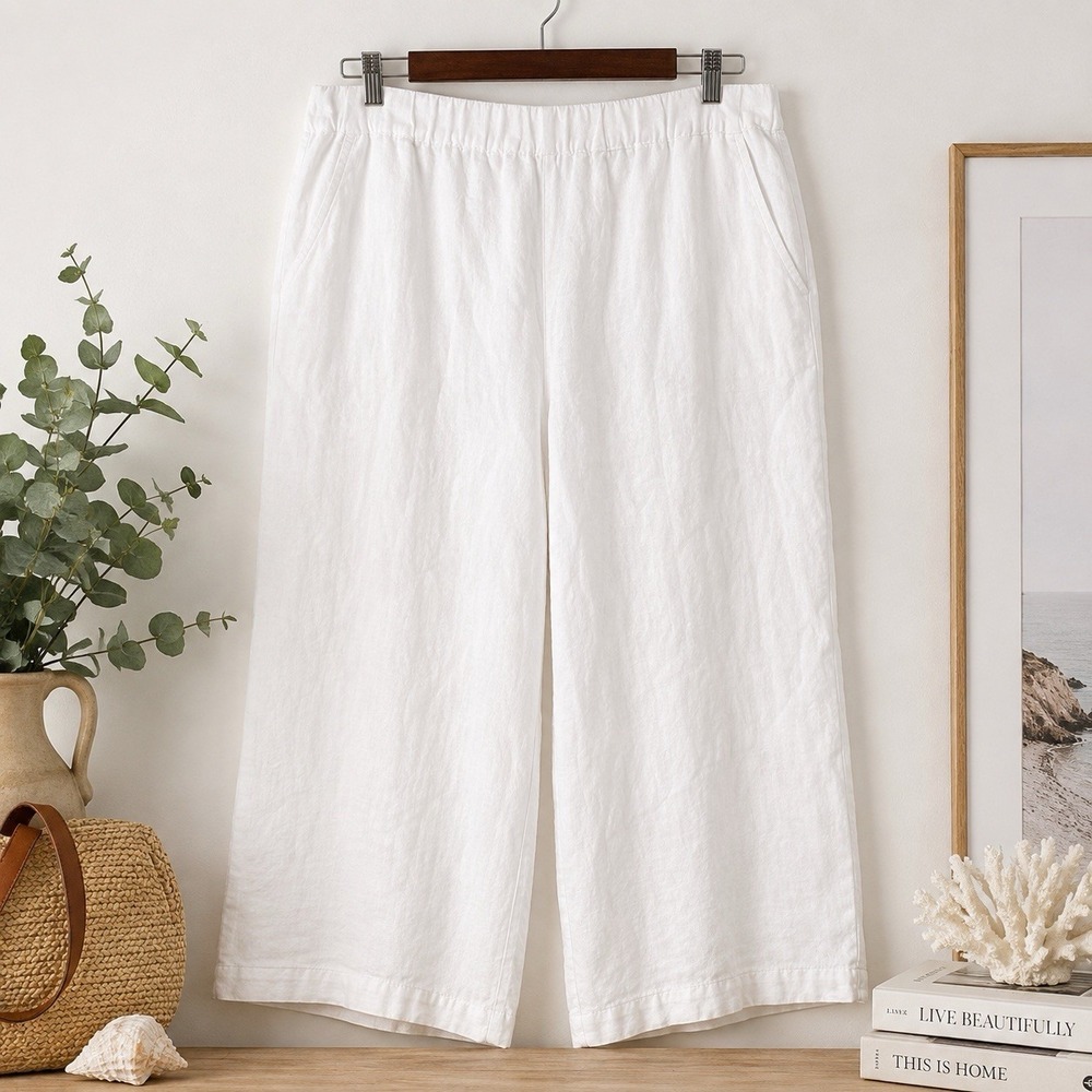 Cynthia Rowley 100% Linen Wide Leg Crop Capri Pants Womens XL White High Rise